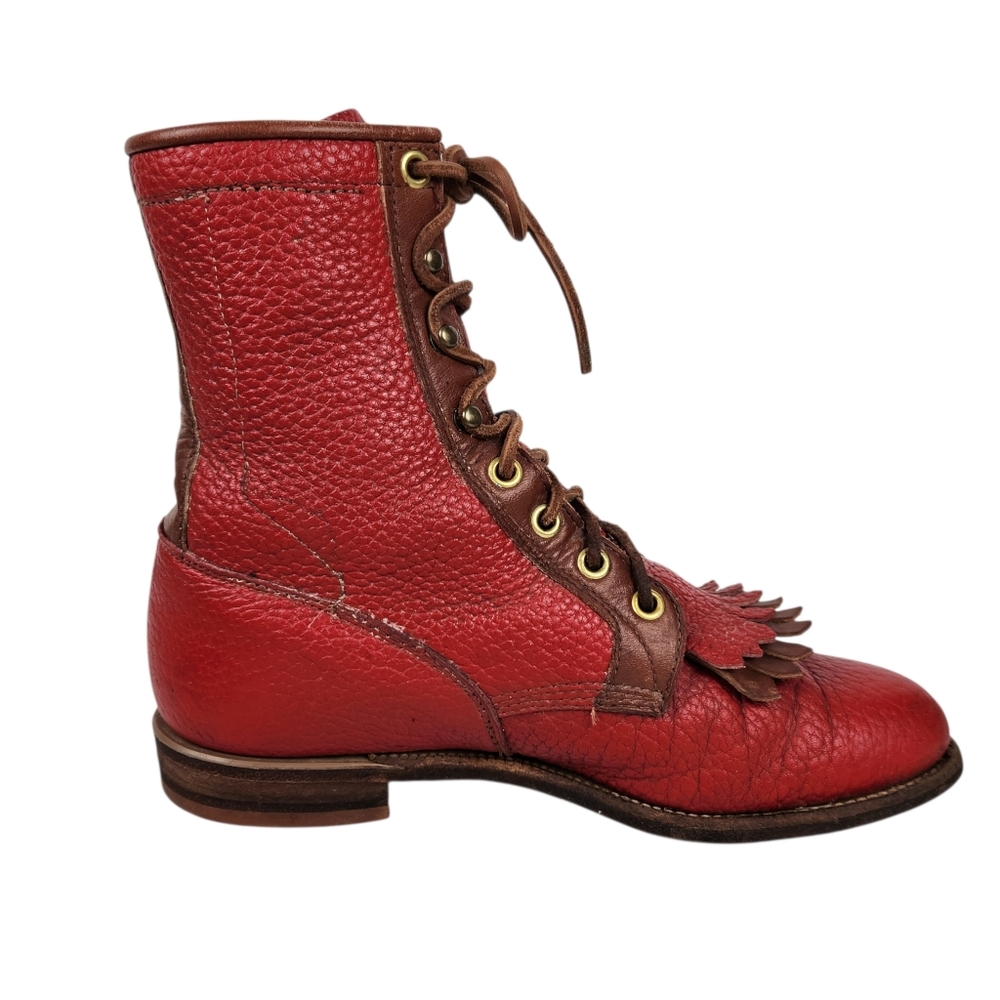 Justin Vintage Red Leather Brown Trim Lace Up Roper Western Boots Womens Size 6 - Picture 5 of 12